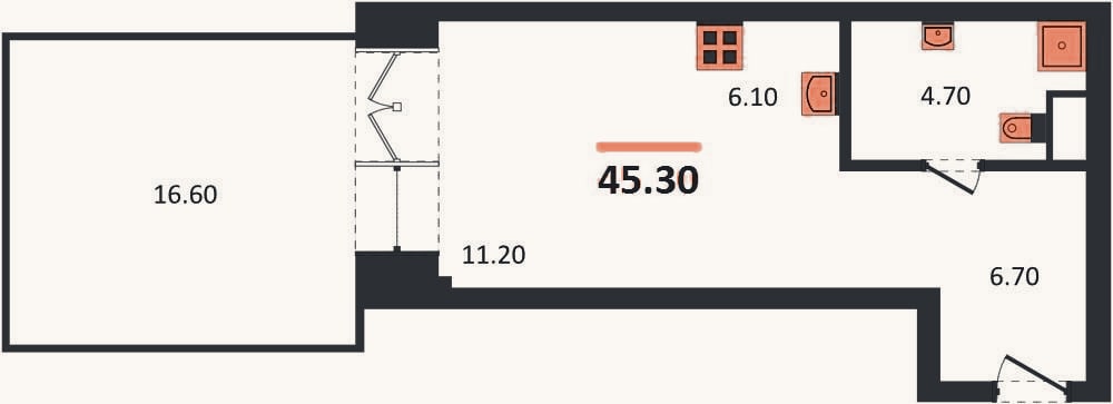 Планировка: Студия, 45,3 м²
