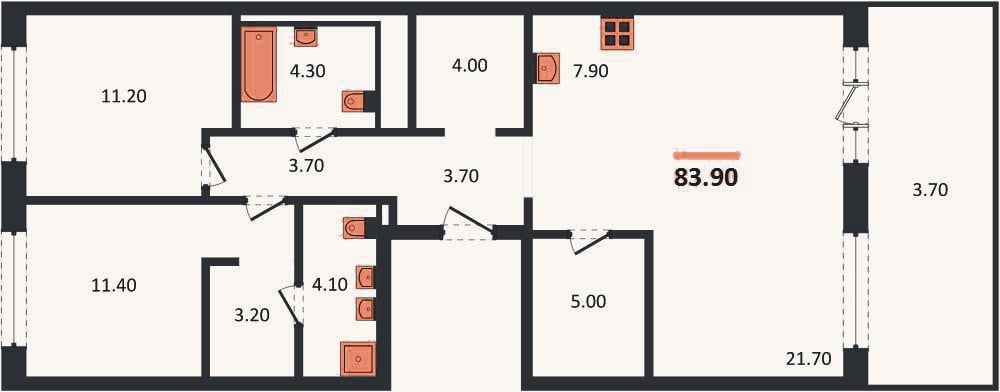 Планировка: 2-к, 83,9 м²