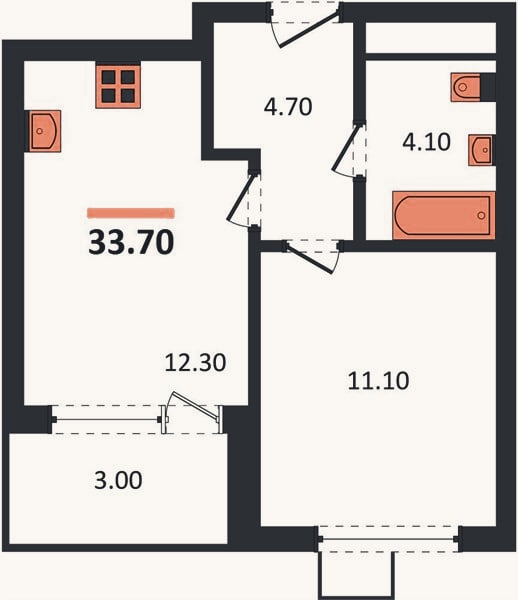Планировка: 1-к, 33,7 м²