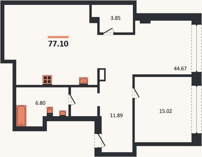 Планировка: 1-к, 77,1 м²