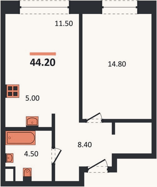 Планировка: 1-к, 44,2 м²