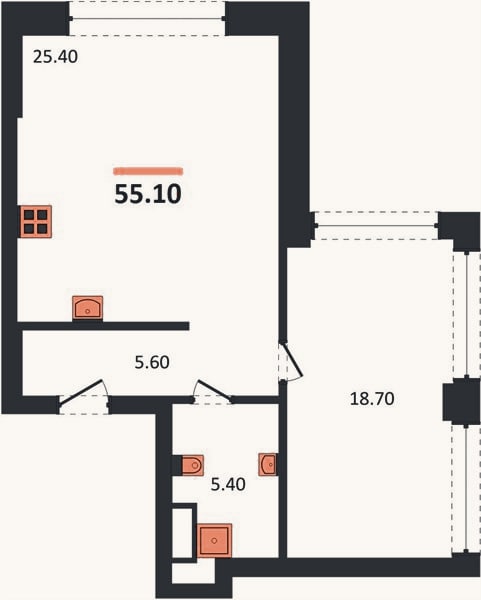 Планировка: 1-к, 55,1 м²