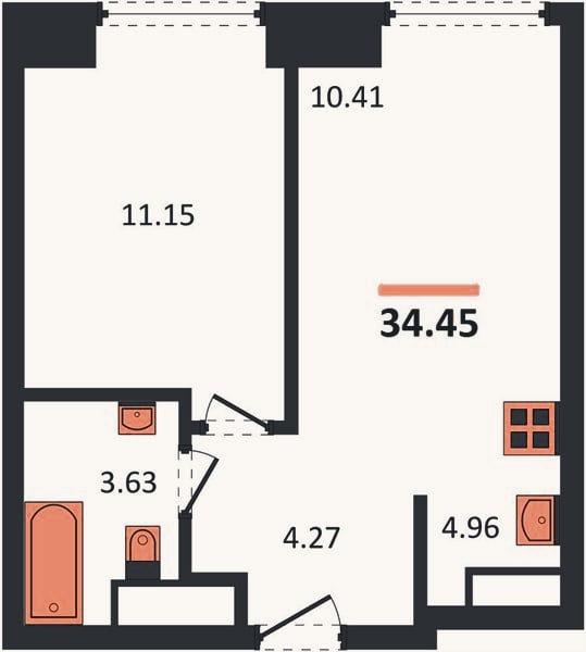 Планировка: 1-к, 34,5 м²