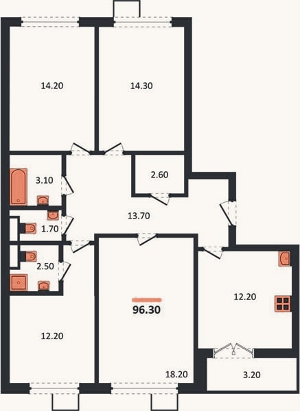 Планировка: 4+ к, 97,6 м²