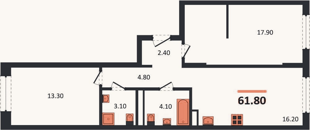 Планировка: 2-к, 61,8 м²