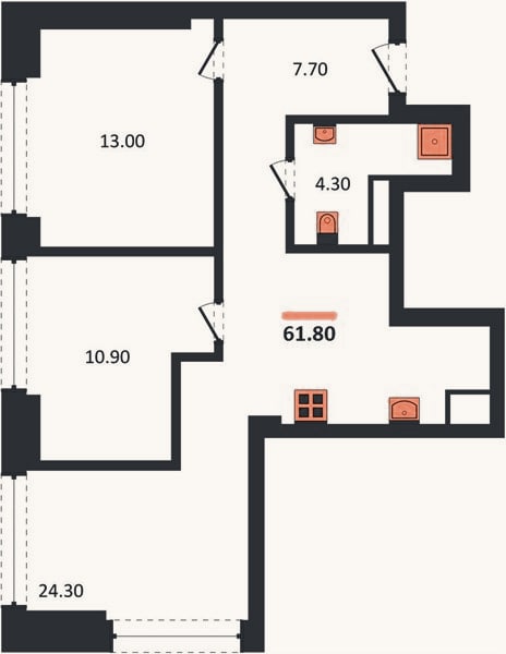 Планировка: 2-к, 61,8 м²