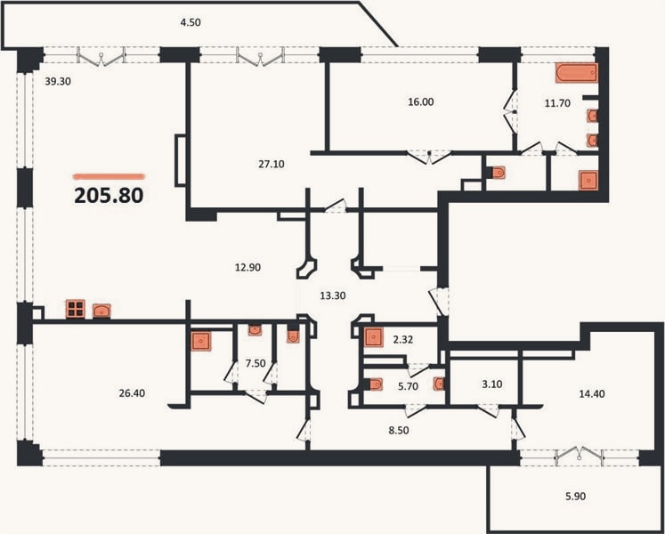 Планировка: 4+ к, 205,8 м²