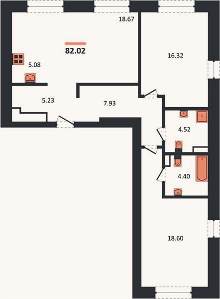 Планировка: 2-к, 82 м²