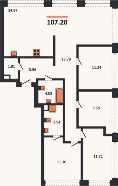 Планировка: 4+ к, 107,2 м²