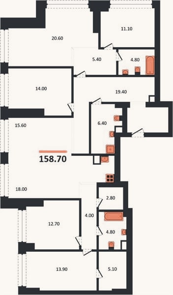 Планировка: 4+ к, 158,7 м²