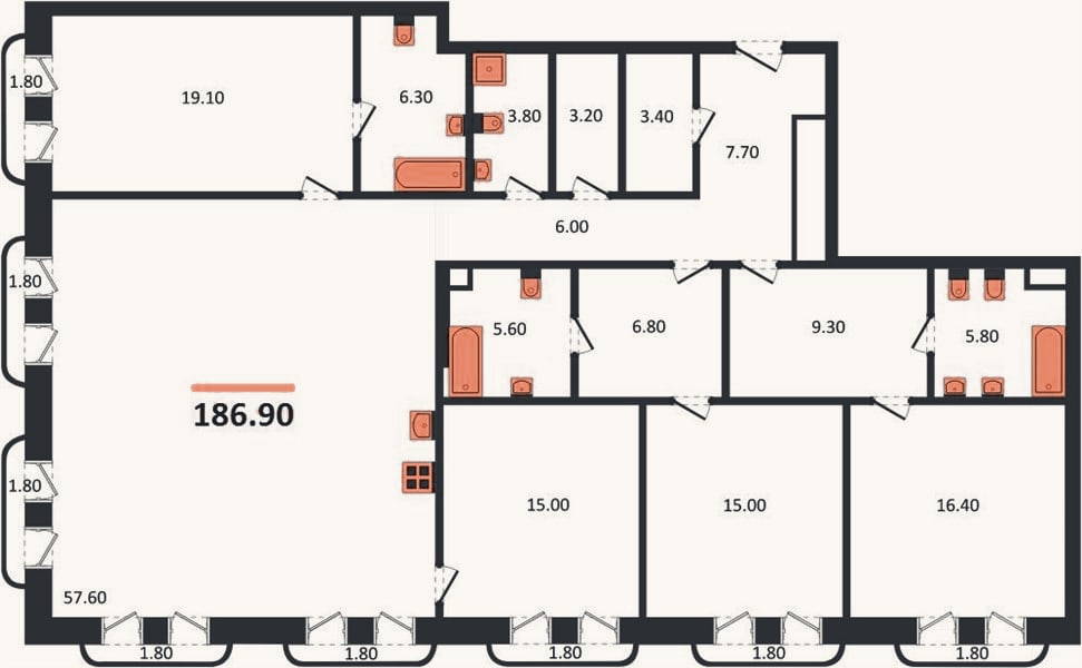 Планировка: 4+ к, 186,9 м²