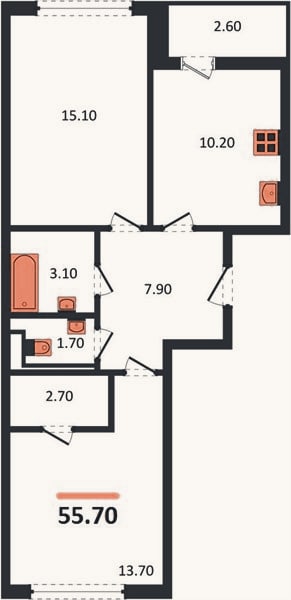 Планировка: 2-к, 55,7 м²
