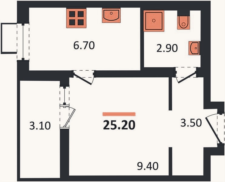 Планировка: 1-к, 25,2 м²