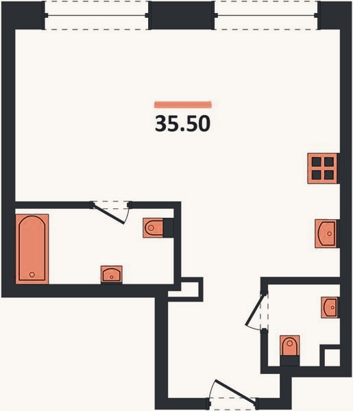 Планировка: 1-к, 35,5 м²