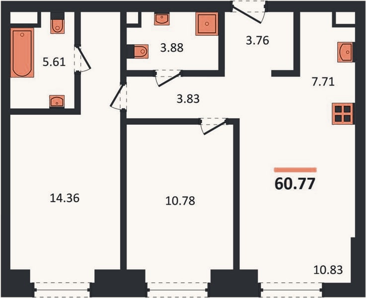 Планировка: 2-к, 60,8 м²
