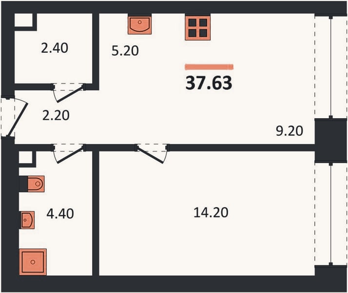 Планировка: 1-к, 37,6 м²