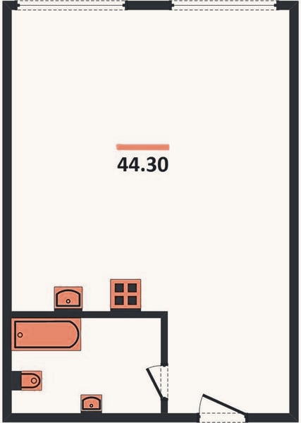 Планировка: 1-к, 44,3 м²