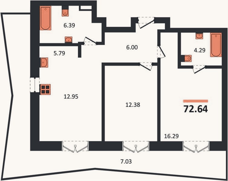 Планировка: 2-к, 72,6 м²