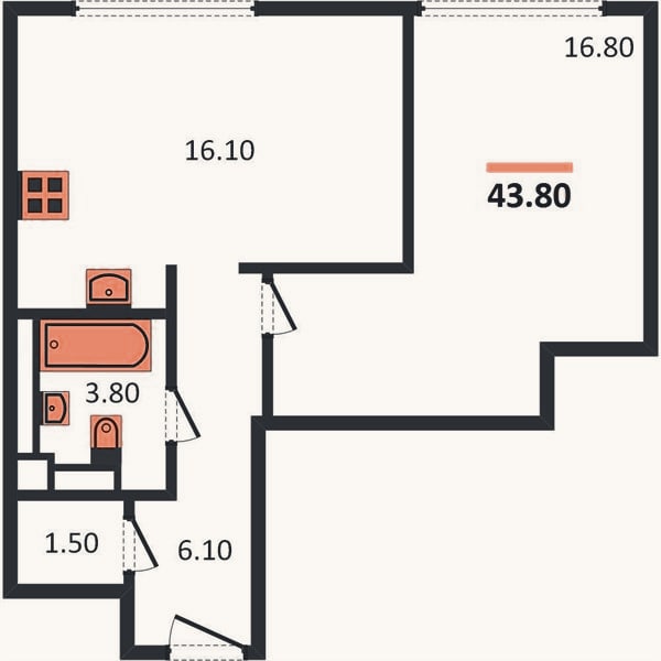 Планировка: 1-к, 43,8 м²