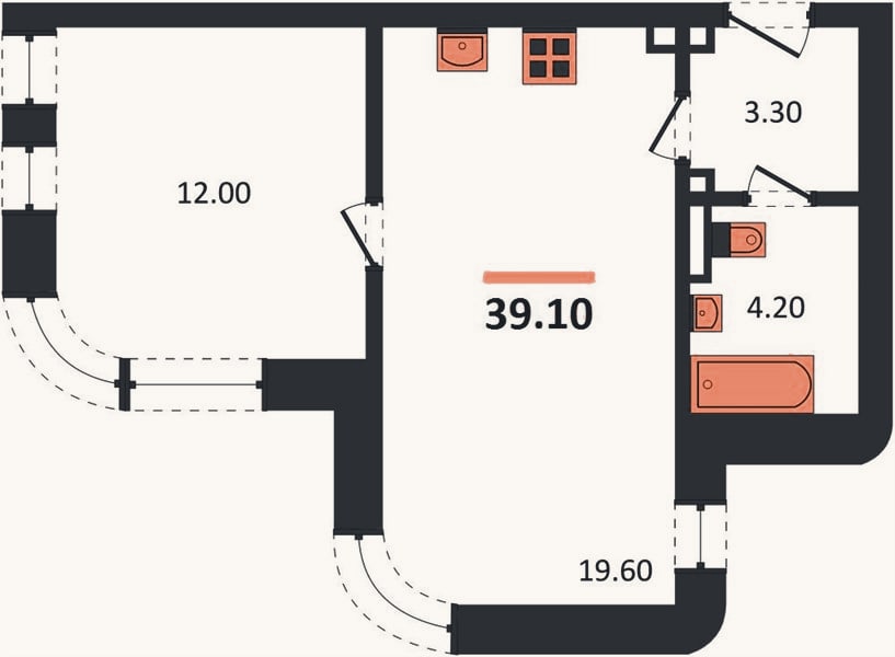 Планировка: 1-к, 39,1 м²