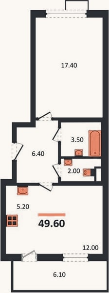 Планировка: 1-к, 49,6 м²