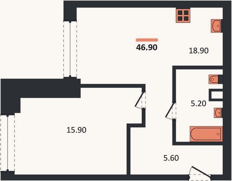 Планировка: 1-к, 46,9 м²