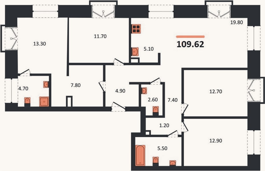 Планировка: 4+ к, 109,6 м²