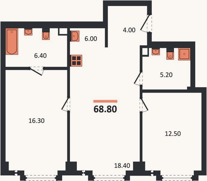 Планировка: 2-к, 68,8 м²