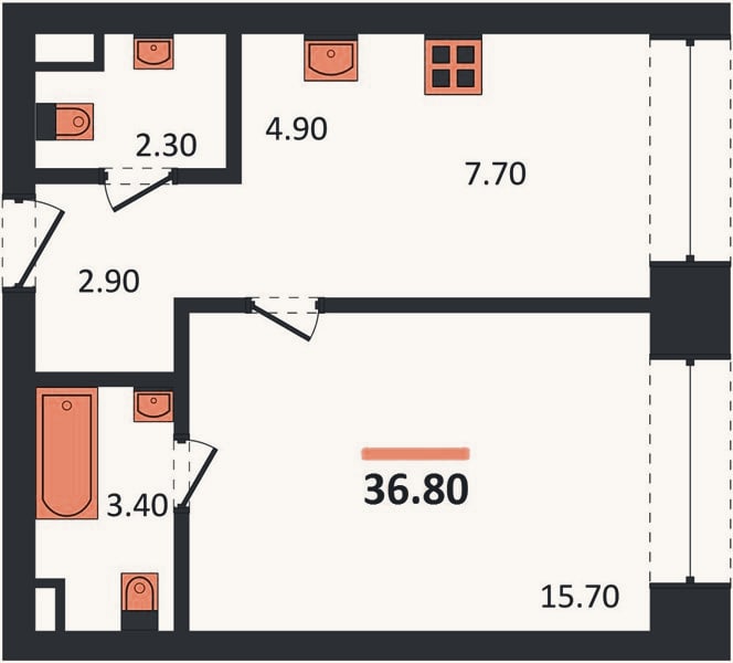 Планировка: 1-к, 36,8 м²