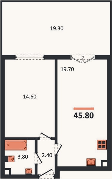 Планировка: 1-к, 45,8 м²