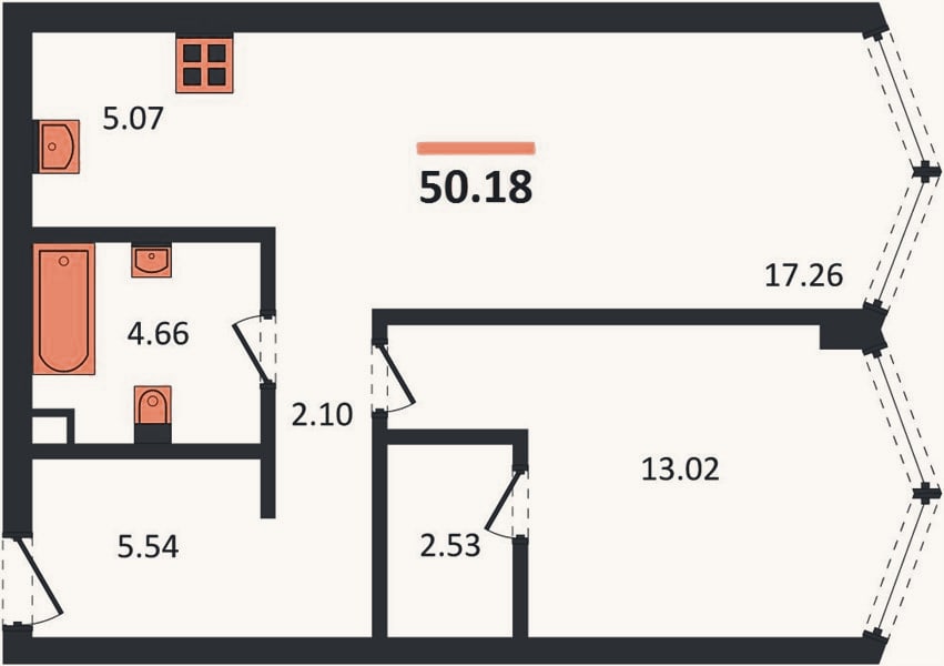 Планировка: 1-к, 50,2 м²
