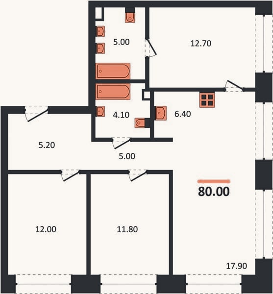 Планировка: 3-к, 80 м²