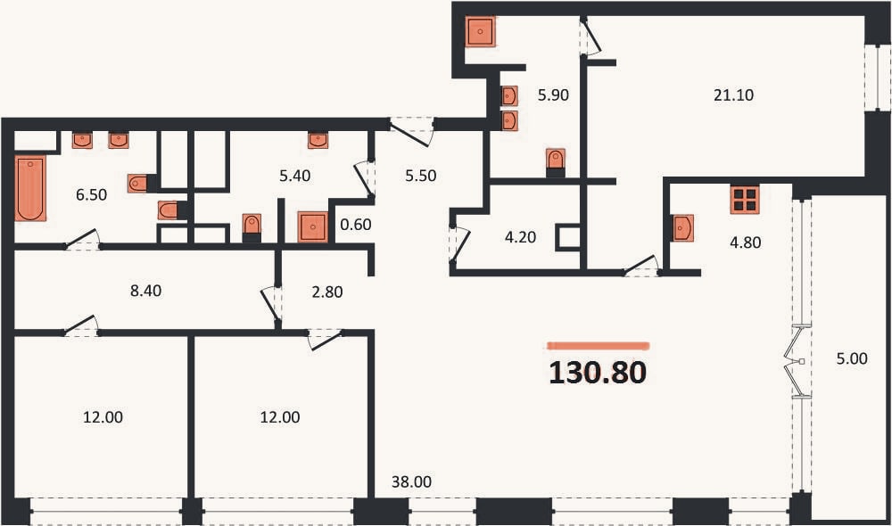 Планировка: 3-к, 130,8 м²