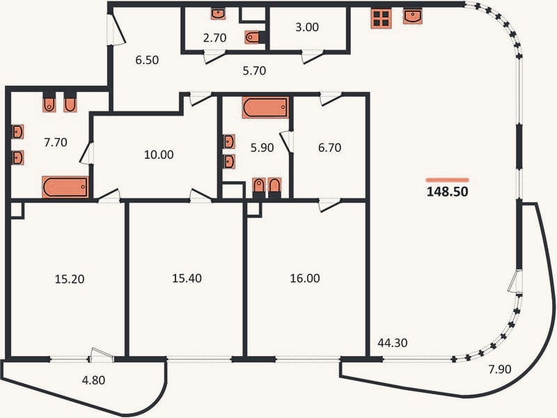 Планировка: 3-к, 148,5 м²