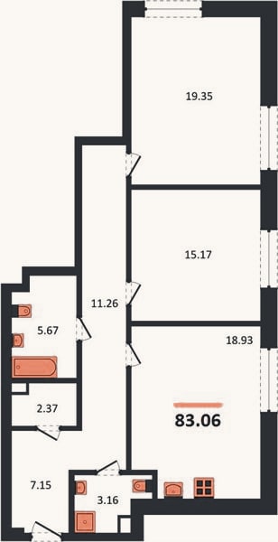 Планировка: 2-к, 83,1 м²