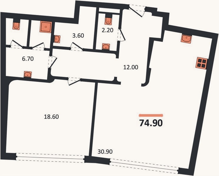 Планировка: 1-к, 74,9 м²