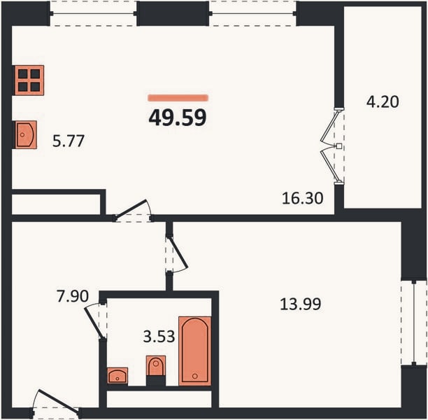 Планировка: 1-к, 49,6 м²