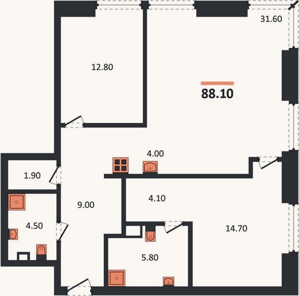 Планировка: 2-к, 88,1 м²