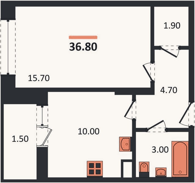 Планировка: 1-к, 36,8 м²