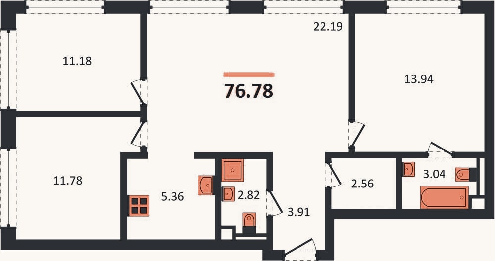 Планировка: 3-к, 76,8 м²