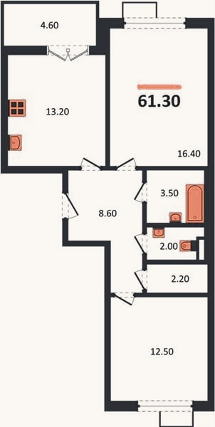 Планировка: 2-к, 61,3 м²
