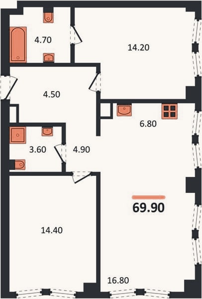 Планировка: 2-к, 69,9 м²