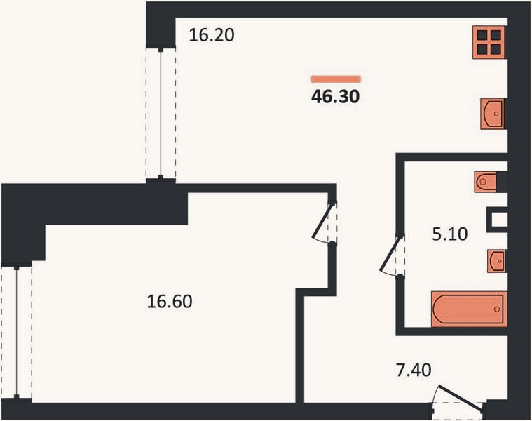 Планировка: 1-к, 46,3 м²