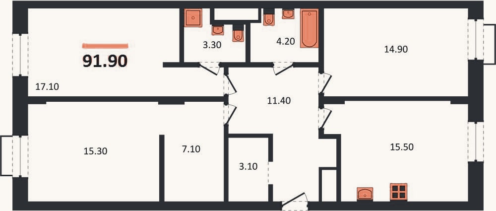 Планировка: 3-к, 91,9 м²