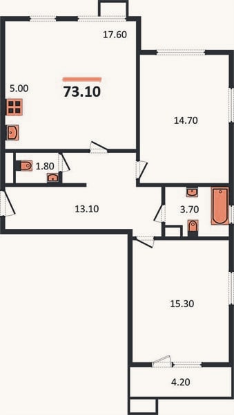 Планировка: 2-к, 73,1 м²