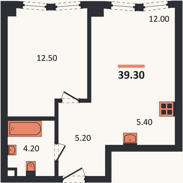 Планировка: 1-к, 39,3 м²