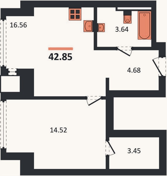 Планировка: 1-к, 42,9 м²