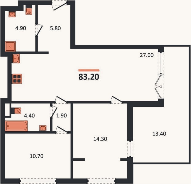Планировка: 2-к, 83,2 м²