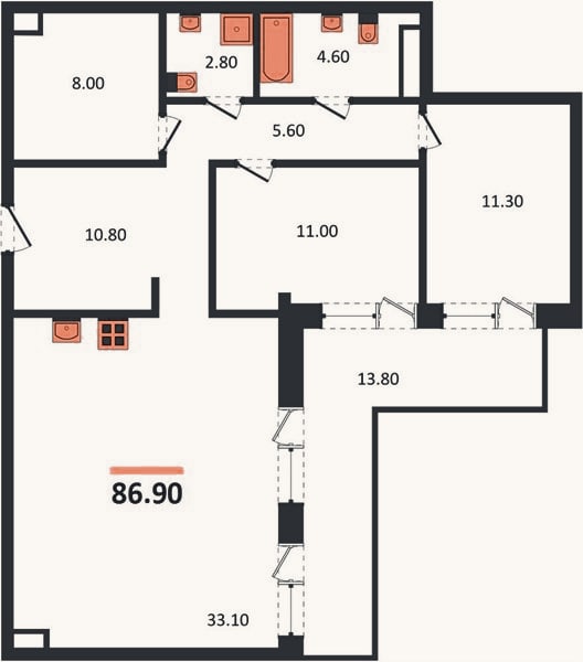 Планировка: 2-к, 86,9 м²