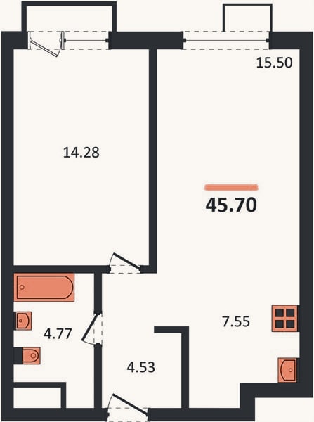 Планировка: 1-к, 45,7 м²